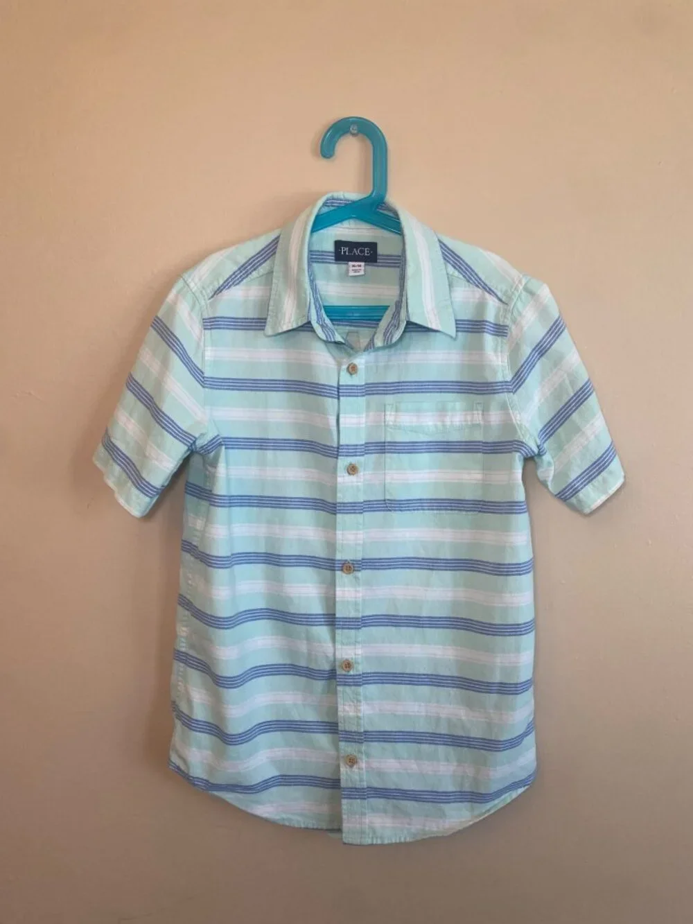 The Children's Place Striped Button-Up Shirt Boys XL (14) Mint Blue Short Sleeve